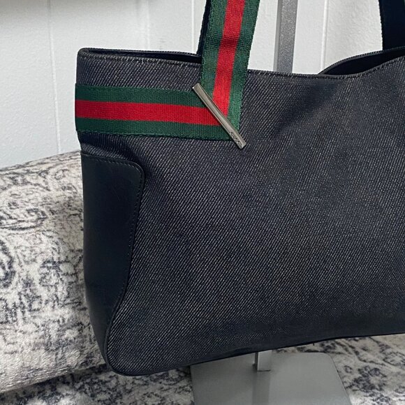 GUCCI Web Sherry Line Black Denim and Leather Trim  Tote Bag - Picture 4 of 9